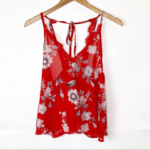 NWT LF Seek The Label Red Floral Lace Trim Tank Top - Picture 1 of 9